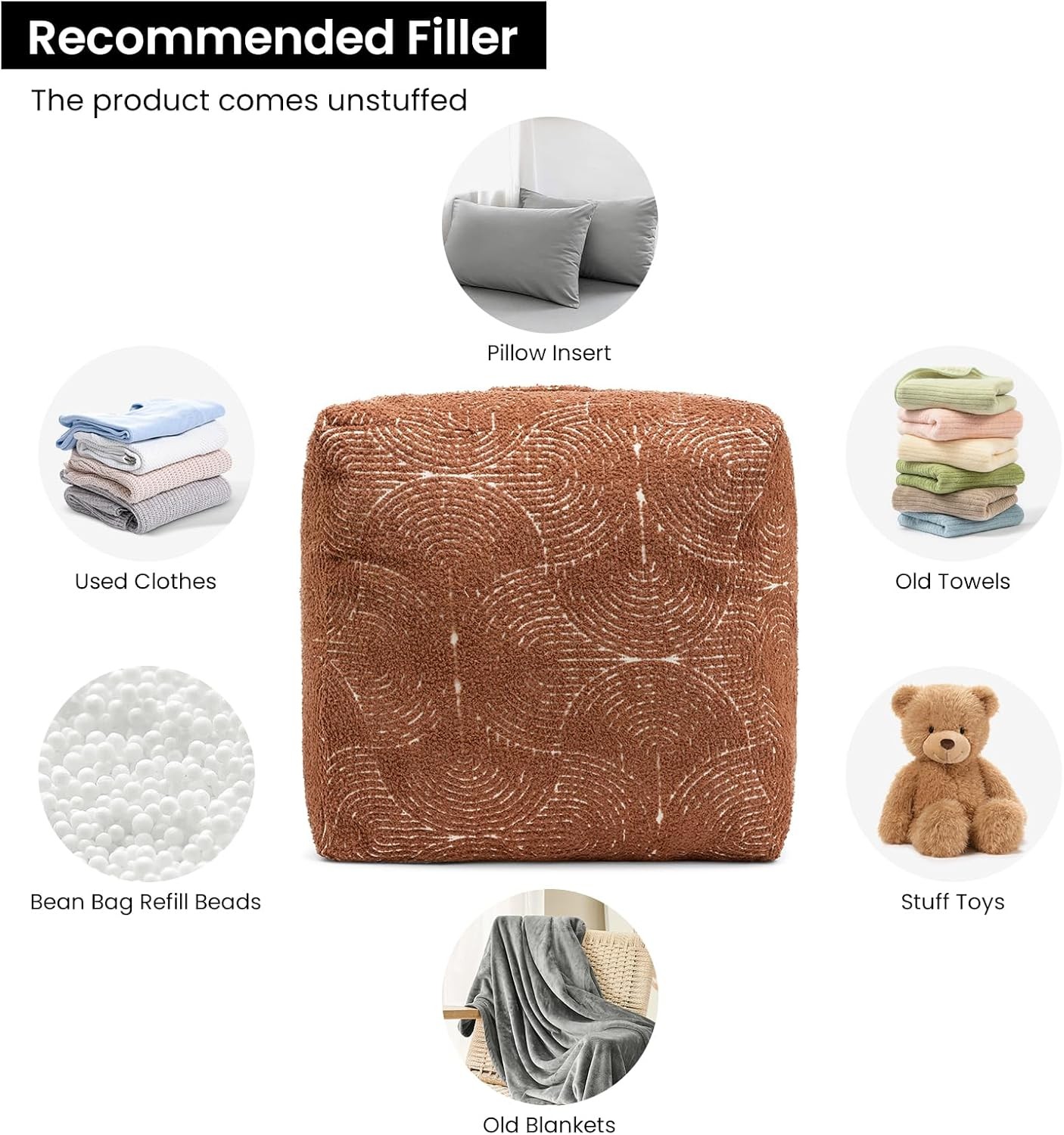 Unstuffed Boho Textured Pouf Cover Organic Modern Mid Century Rainbow Tufted