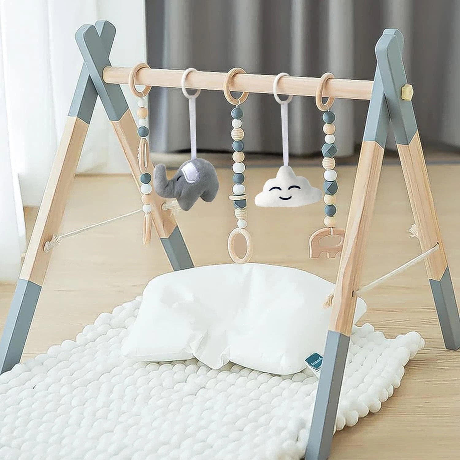 Natural Wooden Baby Play Gym: Foldable Activity Frame with 5 Stimulating Toys