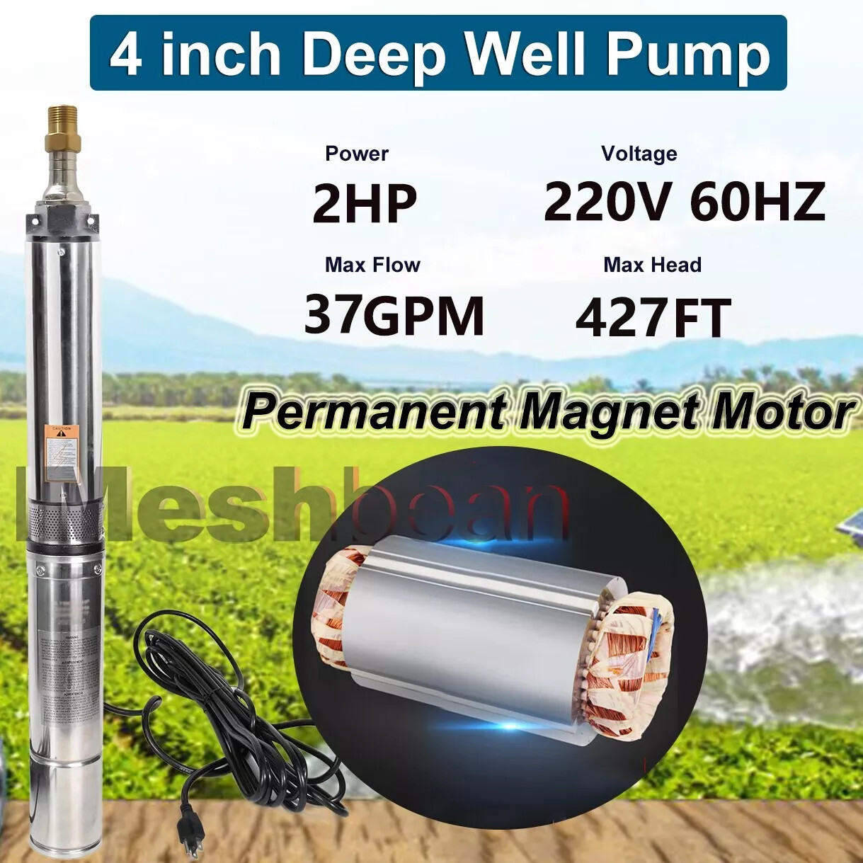 4" Deep Well Submersible Pump 2HP 220V 37GPM 427' Max 100' Cord Stainless Steel