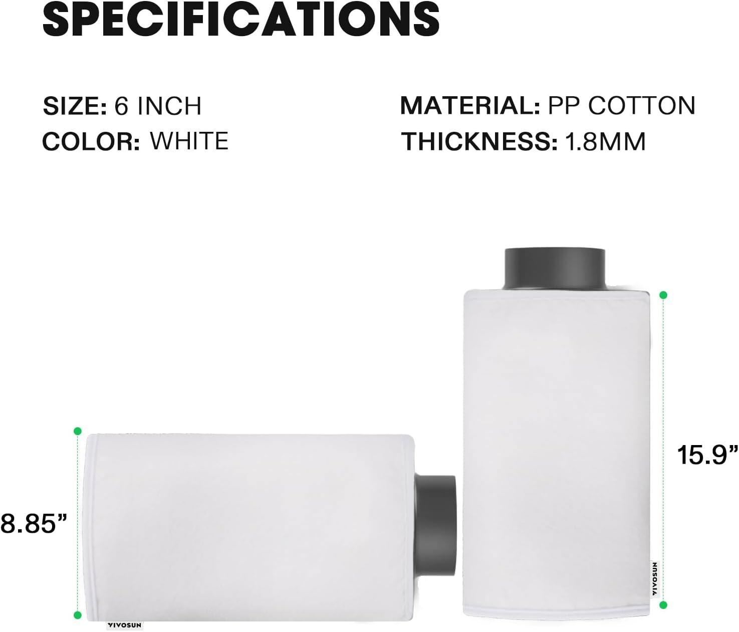 VIVOSUN 2PCS 6" PP Cotton Prefilter 8.85"x15.9" for 6” Carbon Filter