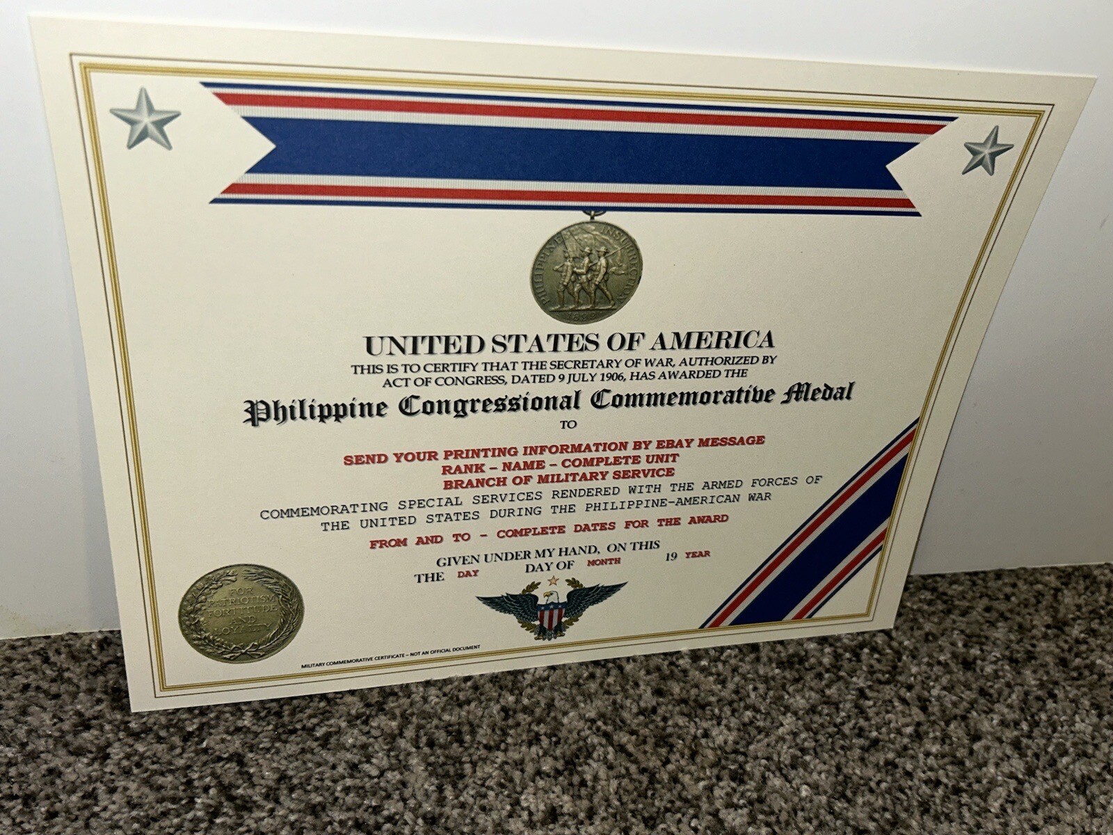 PHILIPPINE CONGRESS COMMEMORATIVE MEDAL CERTIFICATE ~ W/PRINTING TYPE-1