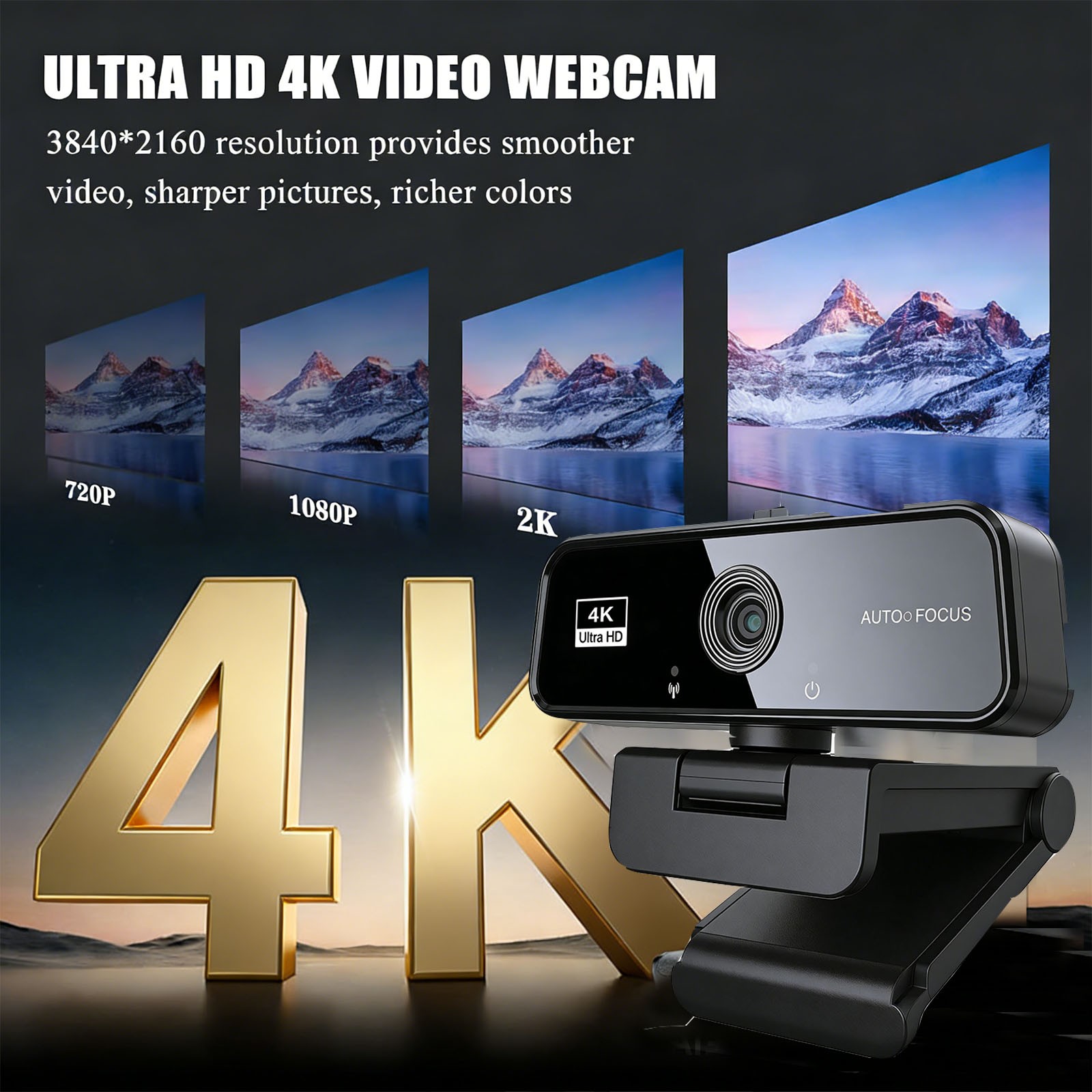 4K Webcam for PC USB Webcam W/ Microphone Autofocus Web Camera for Plug&Play