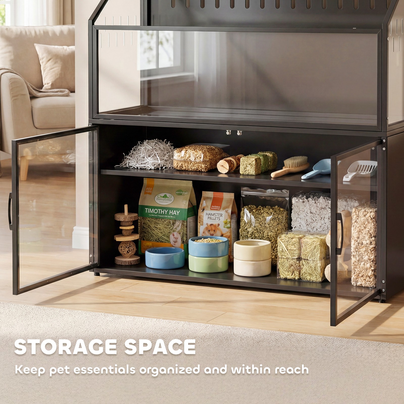 Hamster Cage with Storage Cabinet, Small Animal Cage with Acrylic Panels