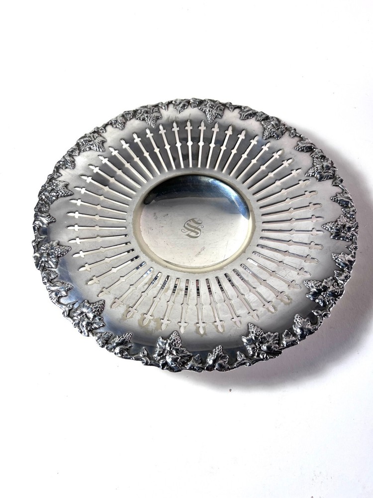 Sheffield Silverplate LBS Co. Grape Vine Pierced Design Compote Monogramed "S"