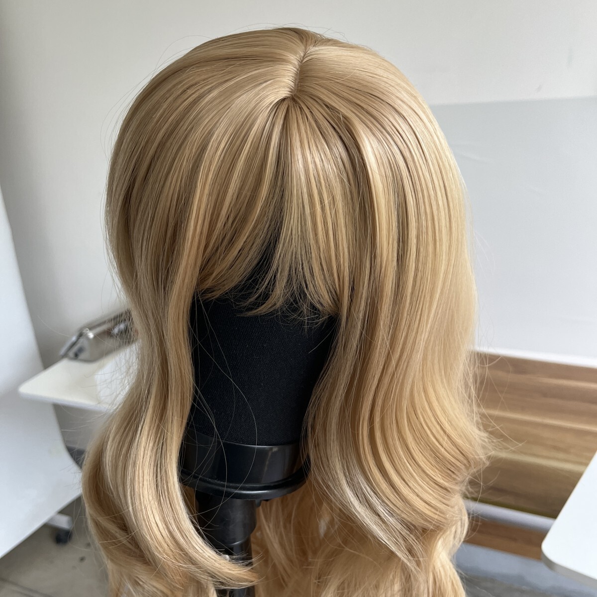 Soft Layered Honey blonde Dress Up Wigs With Bangs Long Wavy Heat Resistant Hair