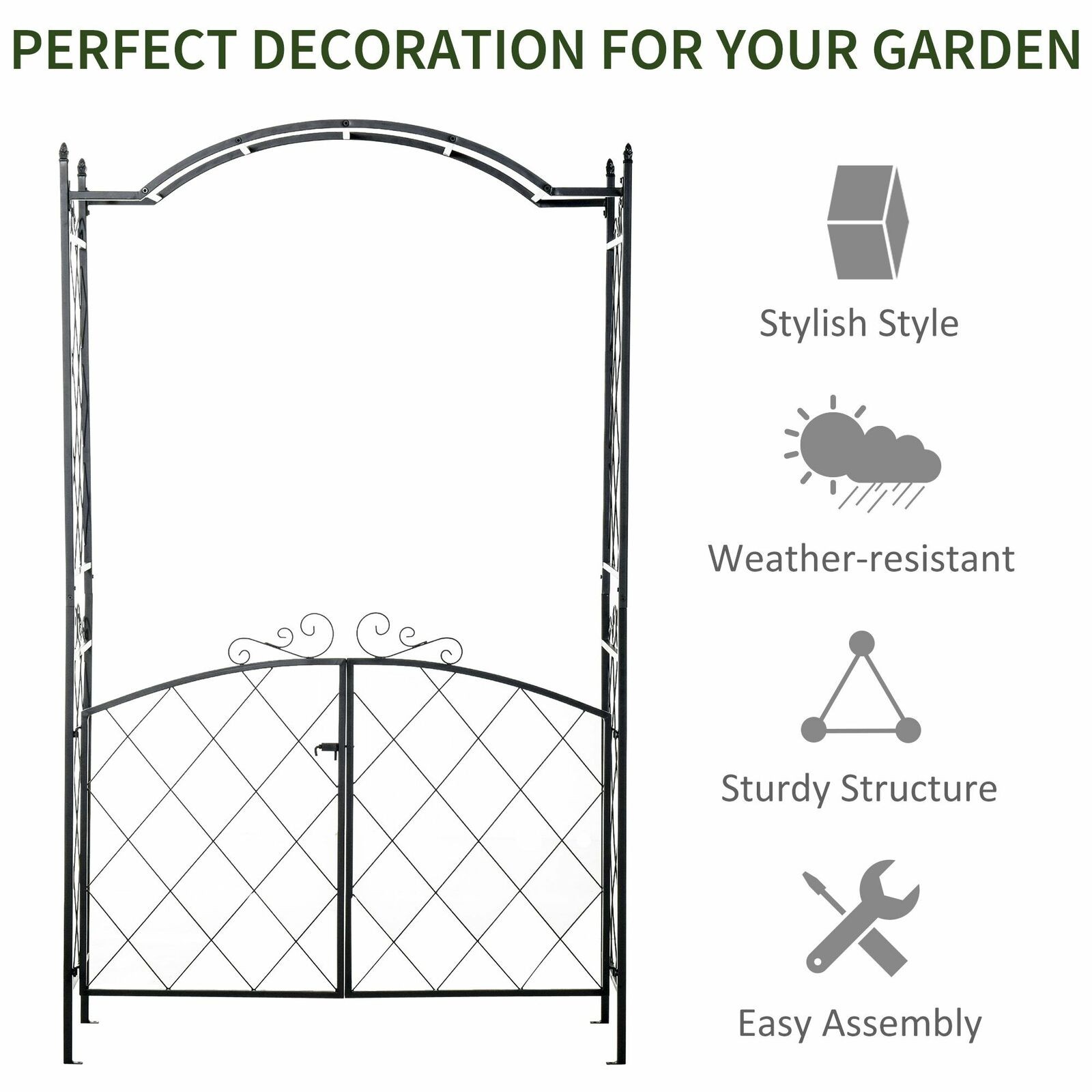 Garden Arbor Trellis with Gate Outdoor Arch Scrollwork for Climbing Plant Vines
