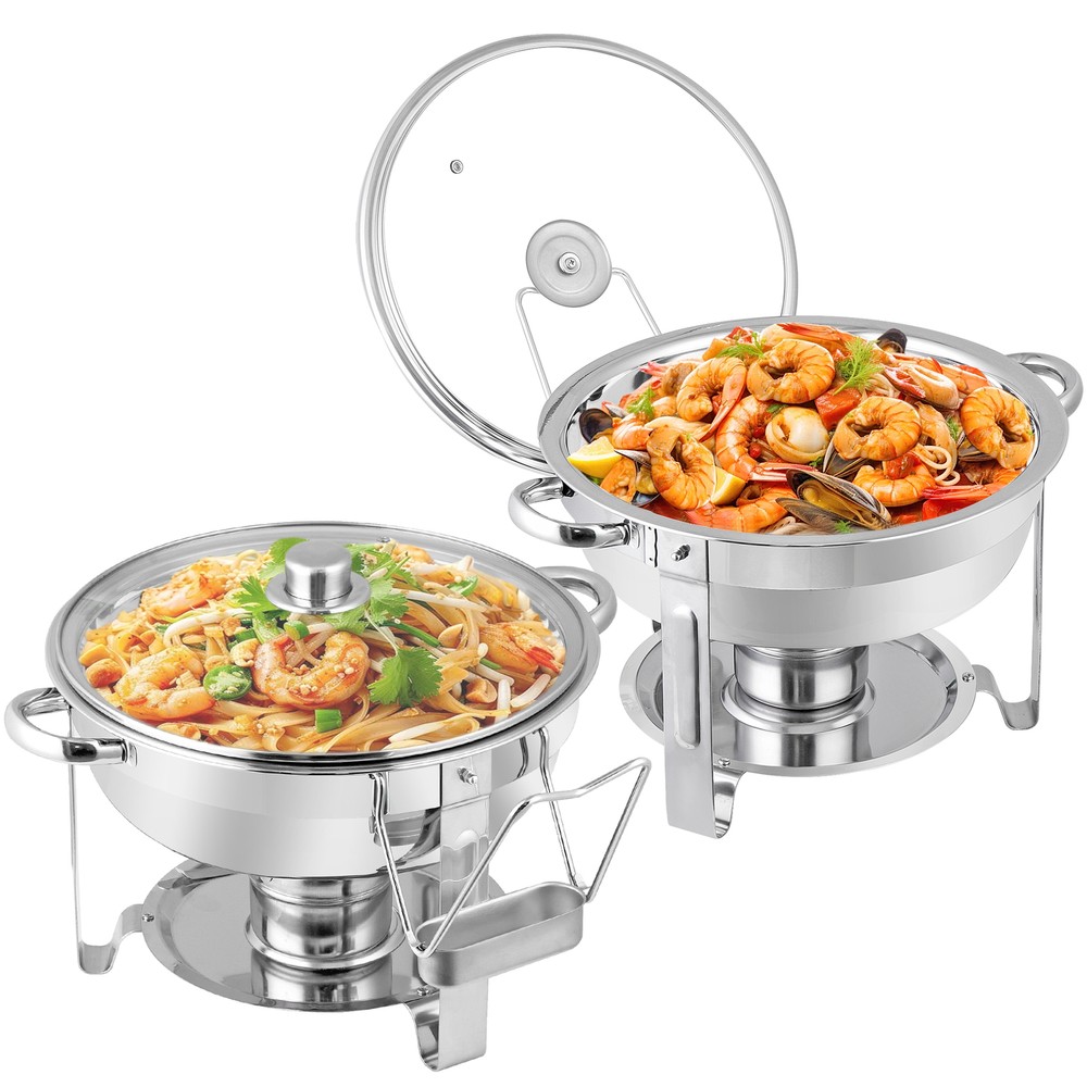 5 Quart 6Pack Full Size Chafing Dish Buffet Set Round Catering Warmer Set Silver