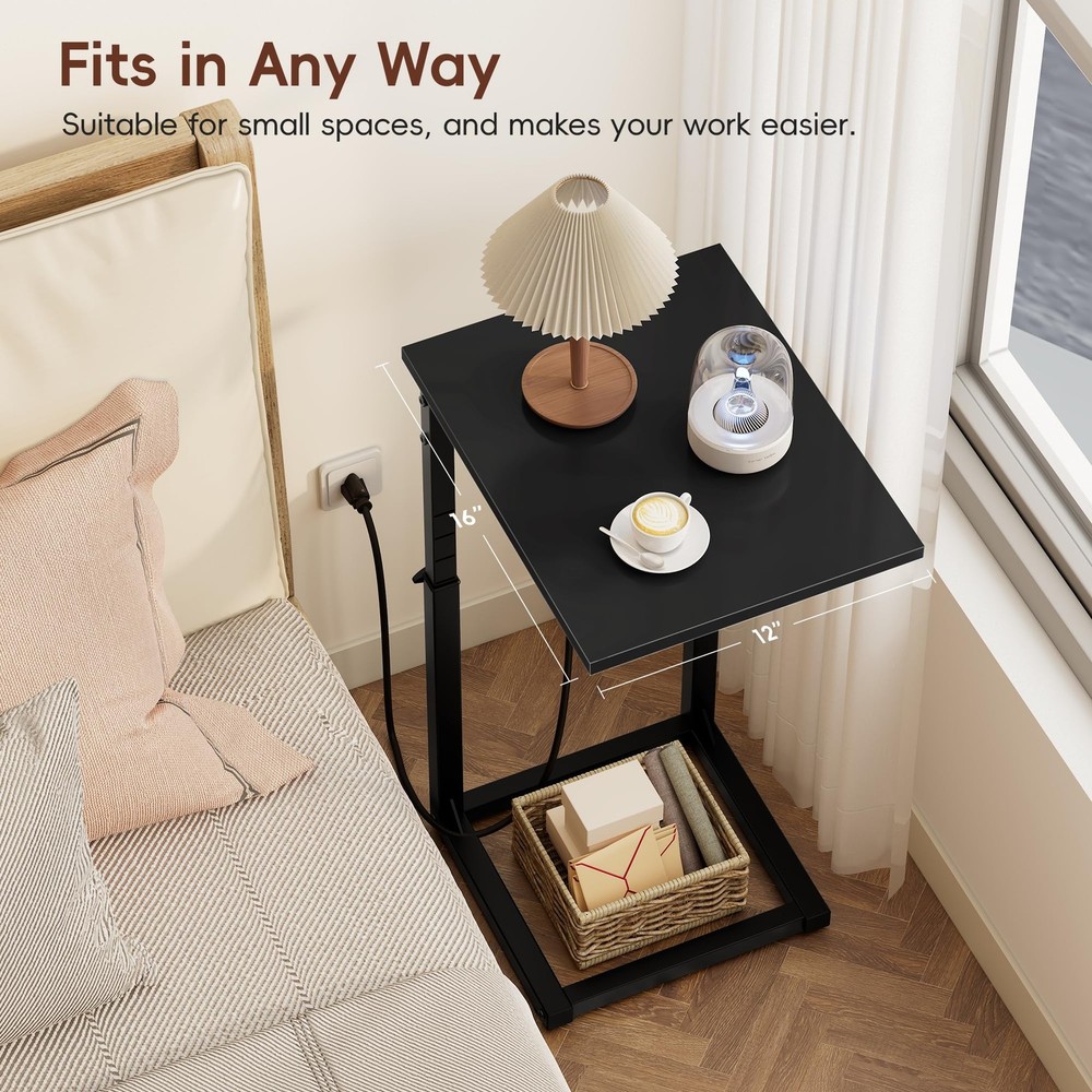C Shaped End Table with Charging Station, 33"Tall C-Table End Table Adjustabl...