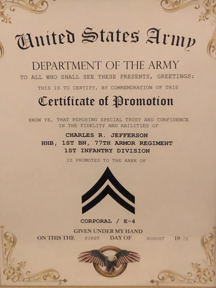 CORPORAL / CPL (E-4) U.S. Army ~ Commemorative Promotion Certificate