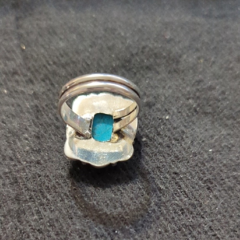 Silver Plated Blue Turquoise Gemstone Square Statement Ring - Size 8-10