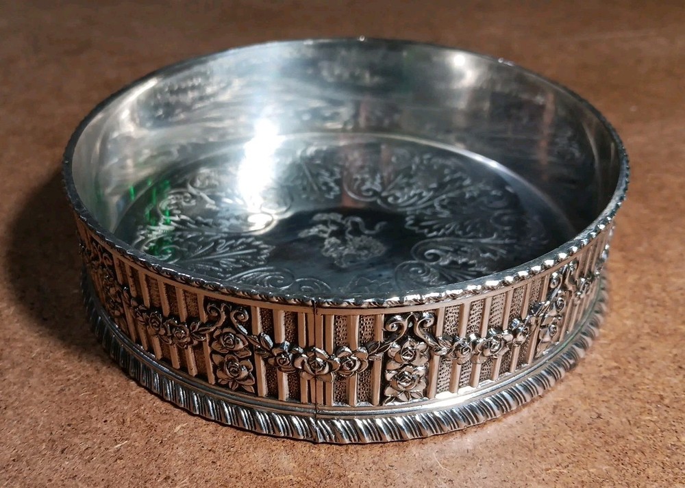 VINTAGE Silver Plate Etched Wine Bottle Holder Coaster 4.75" - From Japan