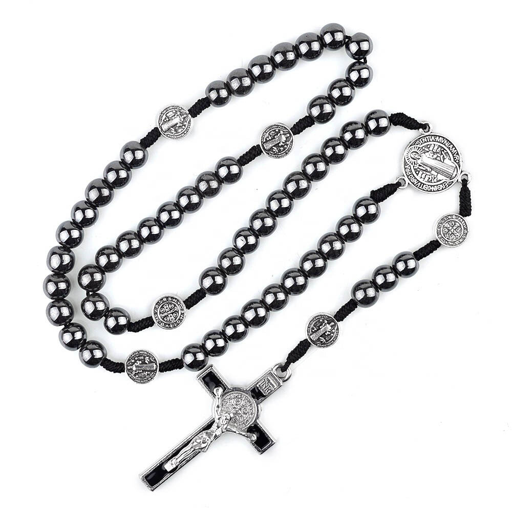 Saint St Benedict Holy Medal 15" Cord Rosary Large 8mm Hematite Beads Black