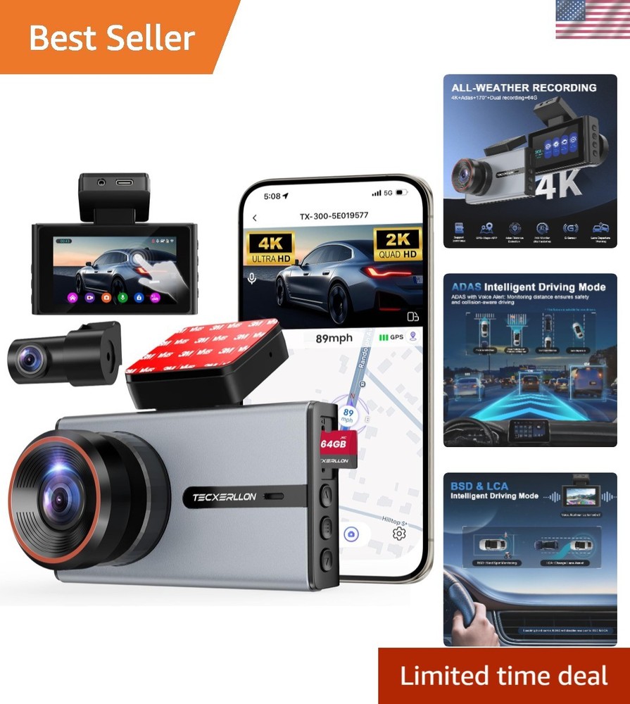 Advanced 4K Dash Camera with Touchscreen, Night Vision & 64GB Card - Easy Setup