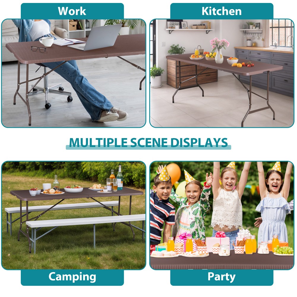 6FT Plastic Folding Table - Folds in Half w/ Carrying Handle Rectangular Brown