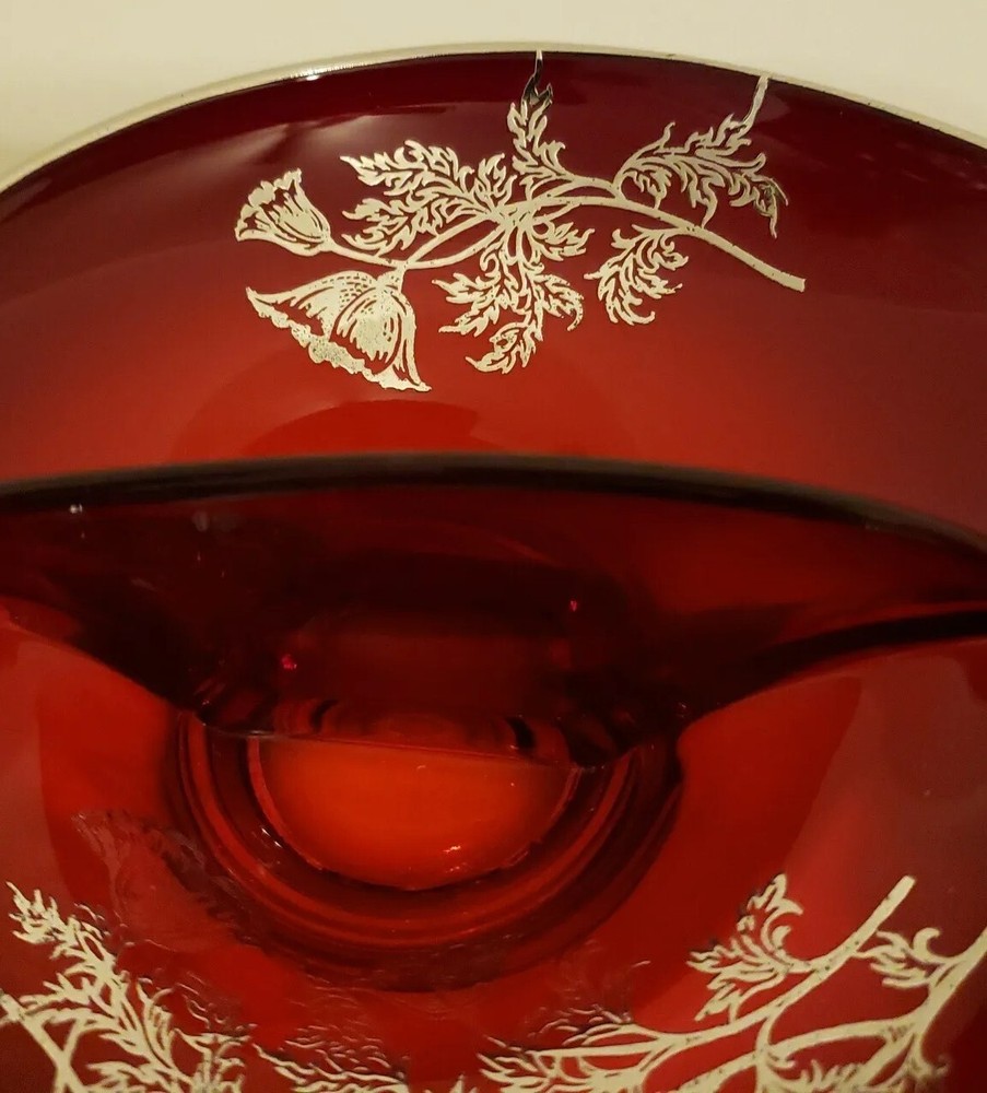 Vintage SILVER CITY Flanders Ruby Red Divided Dish Silver Overlay