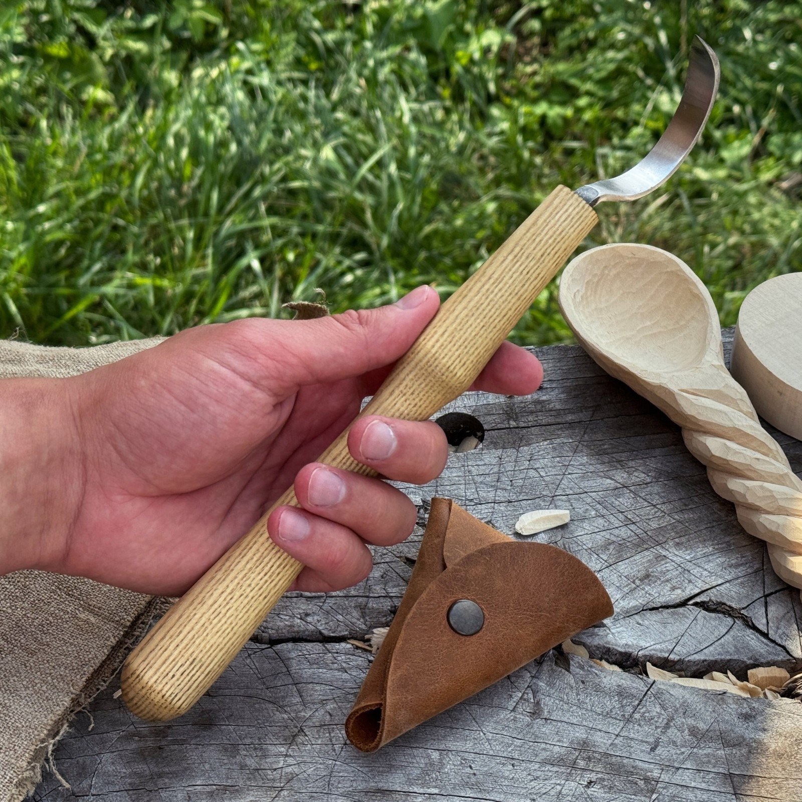 Long Hook Carving Knife 2.36'' Blade For Bowls Spoons Carbon Steel Ash Handle