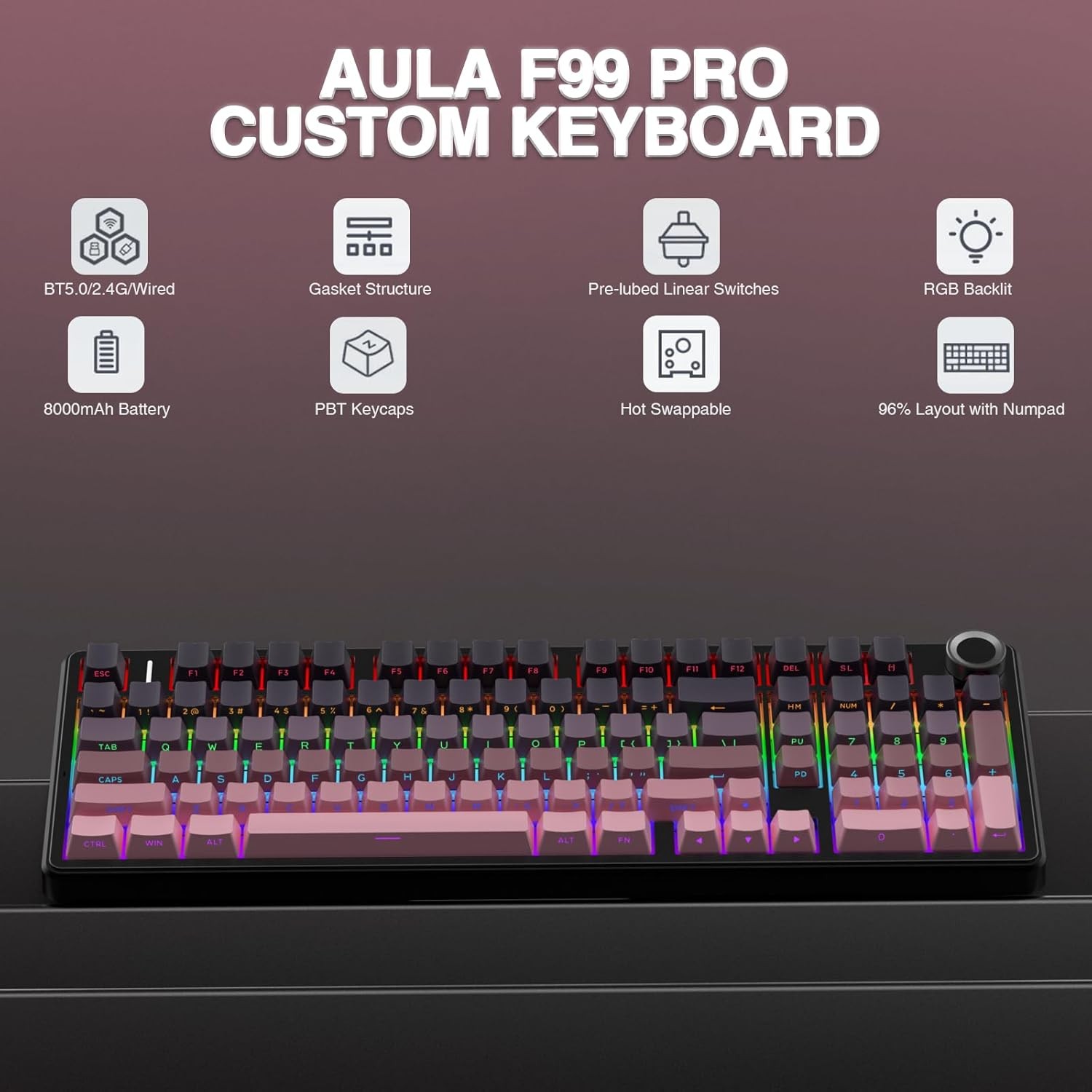 AULA F99/F99 Pro Tri-mode Wireless Mechanical Keyboard RGB Hot Swappable Custom