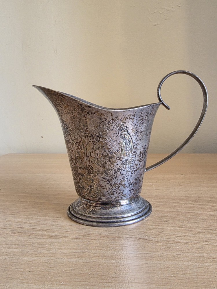 Vintage Silver Plated Water Pitcher Engraved Emblems Decorative Jug 3.6 Inches