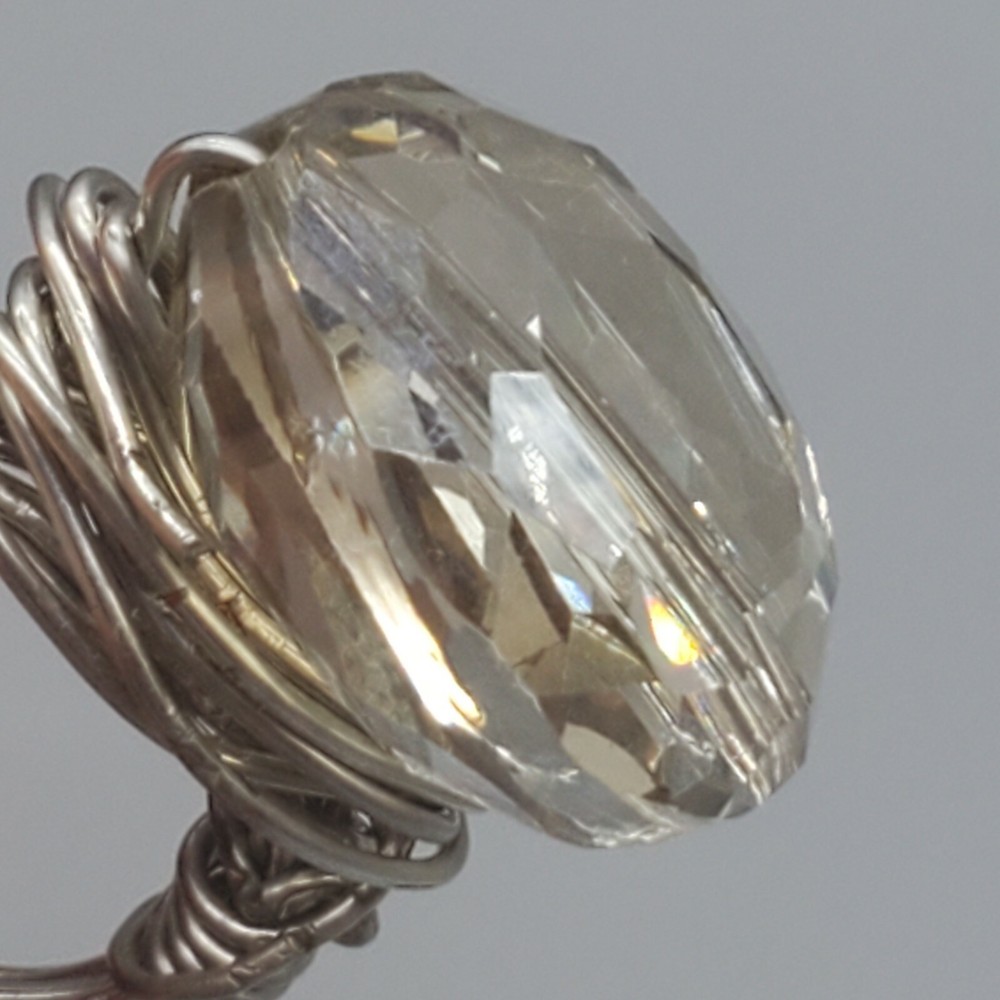 Wire Wrapped Rhinestone Ring Size 4 Silver Tone Handmade Clear Rough Cut