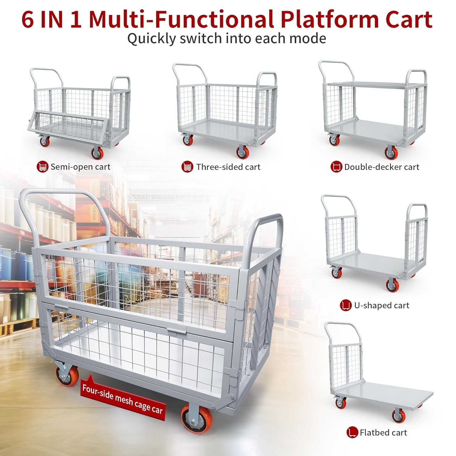 Platform Truck Cart W/Cage Foldable Flatbed Cart for Grocery & Warehouse 2000LBS