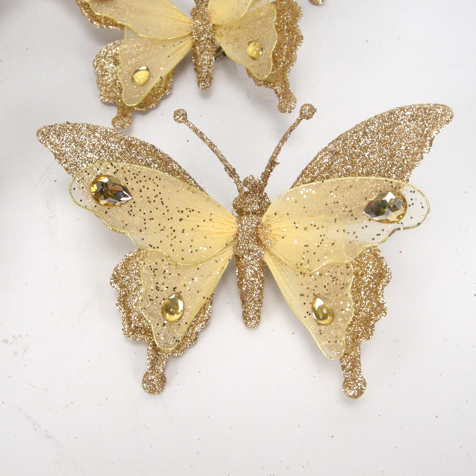 Glittered Gold Butterfly Clip On Craft Decorations Floral 2 Large 4 Medium Set