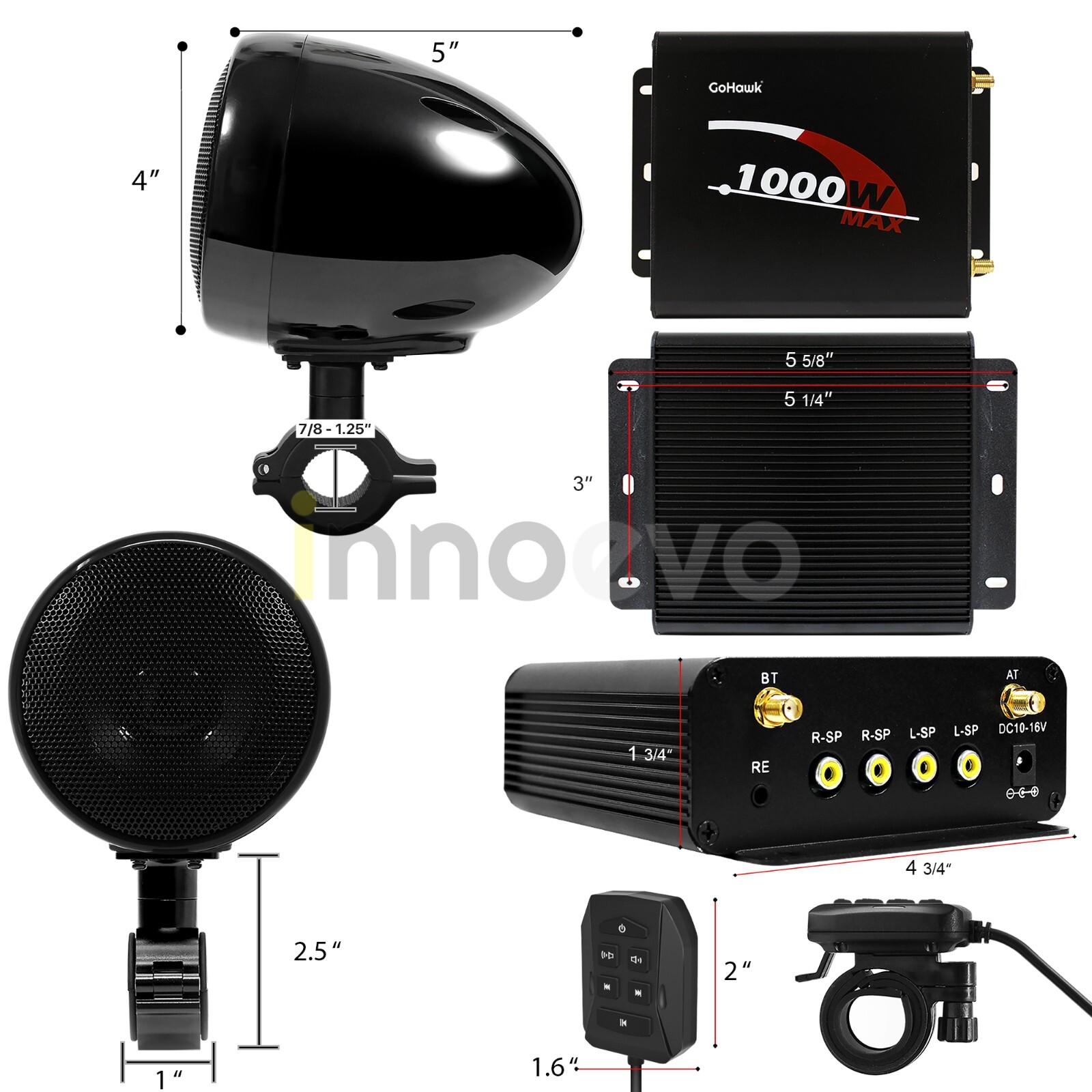 1000W Amp Bluetooth Waterproof ATV UTV RZR Polaris Stereo Speakers Audio System