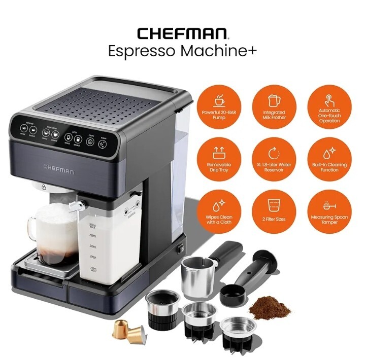 Chefman 6-in-1 Espresso Machine with Steamer, Automatic One-Touch Coffee Maker,