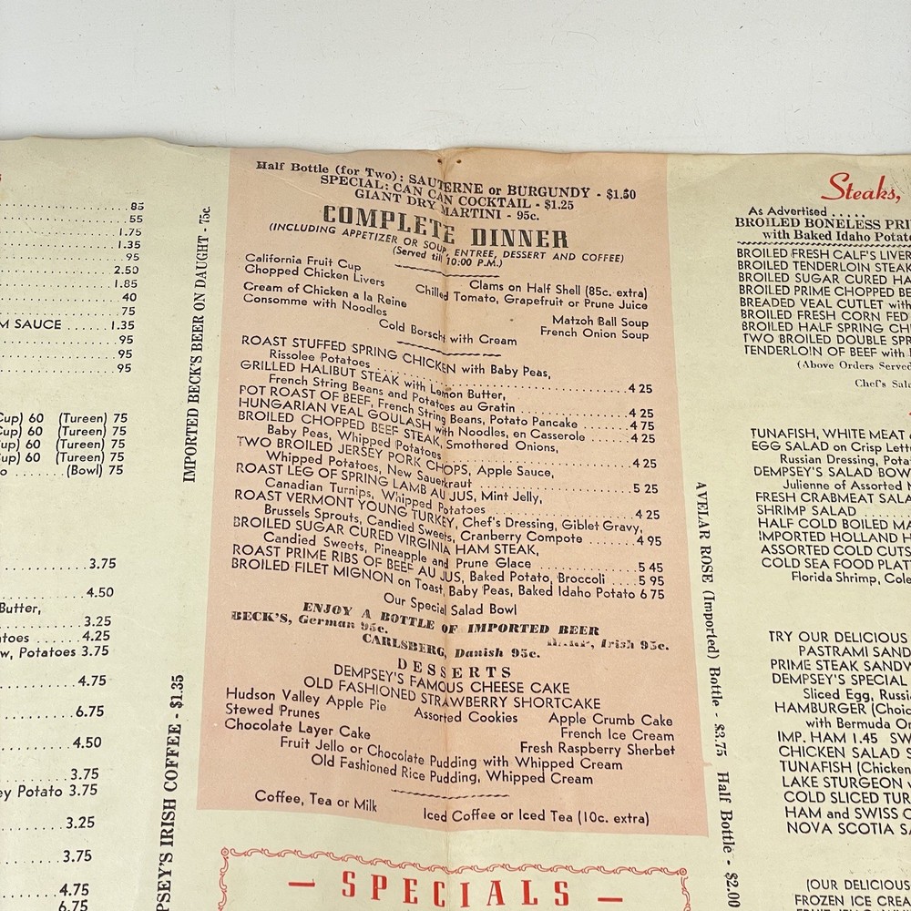 Jack Dempsey’s Restaurant Menu March 7 1971