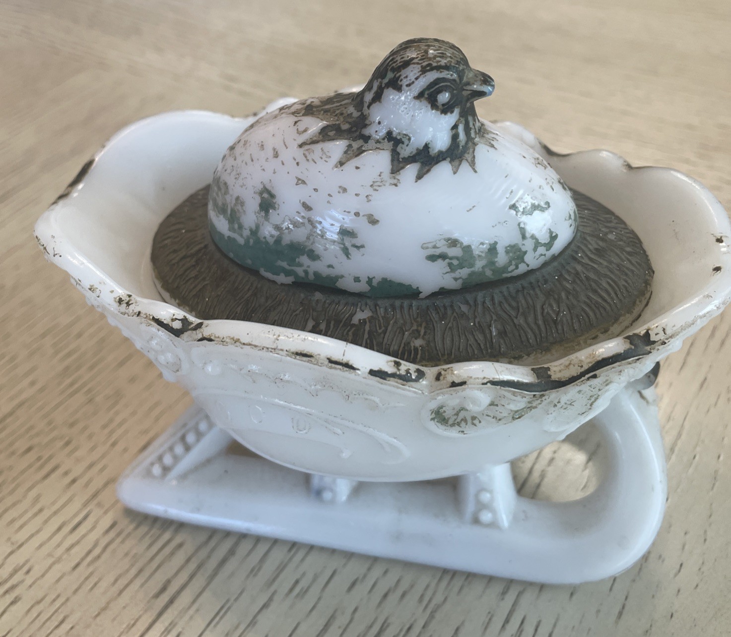 Antique RARE Westmoreland Chick in Egg On Sleigh Milk Glass 100+ Yrs Old!
