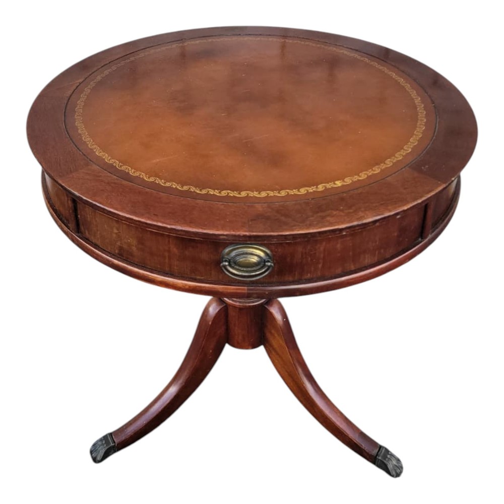 1940s Mahogany Round Side Table with Tooled Leather Top and Brass Pull Decor
