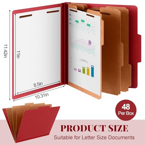 Pcs Classification Folders Letter Size, 3 Divider Pressboard File 48 Red