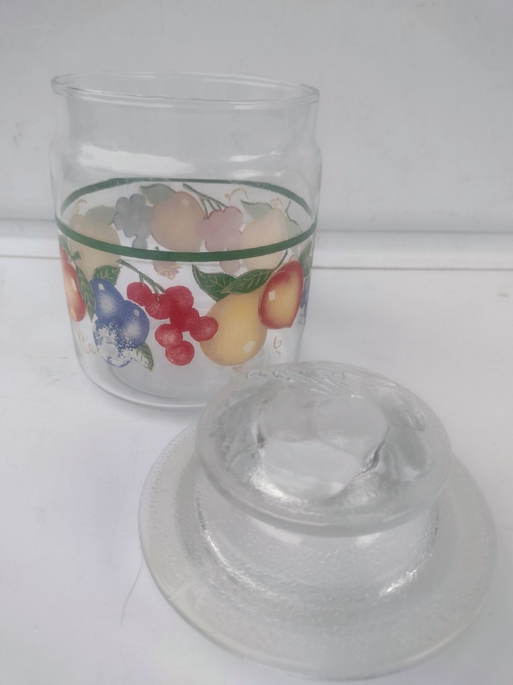 Covered Glass Candy Jar W/Removable Lid Fruit Design Pattern