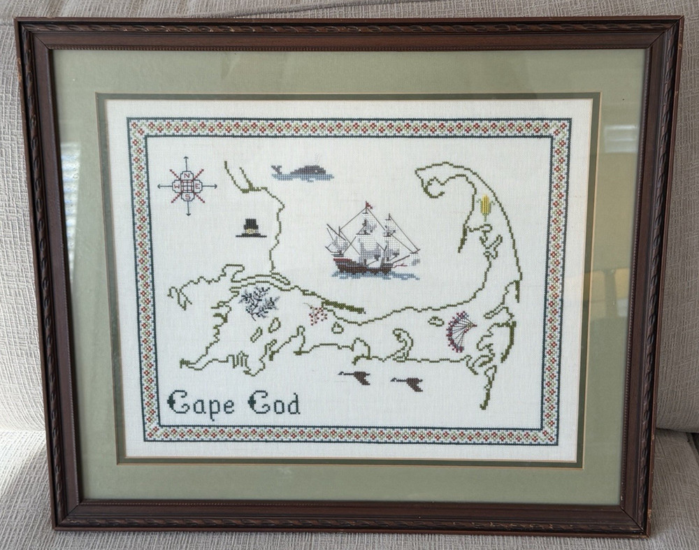 Vintage Framed Needlepoint Art Cape Cod Mass Embellished Map Signed Dated 1991