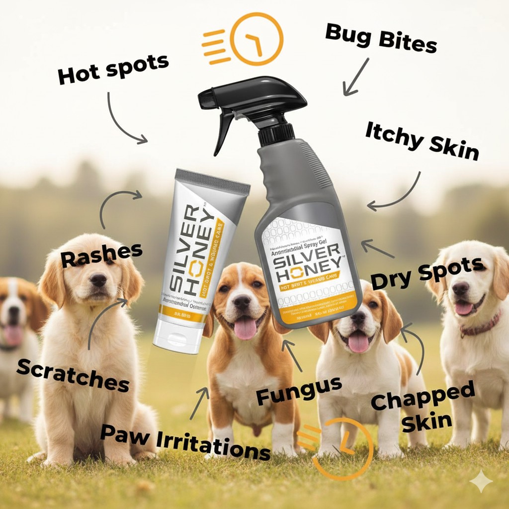Silver Honey Spray Gel Dogs Cats Hot Spot Wound Care Antibiotic-Free 8 Oz.