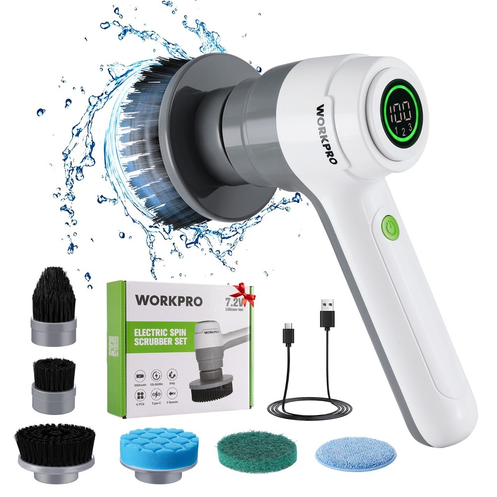 8V Electric Spin Scrubber 3-Speed Adjustable IPX6  w/6 Replaceable Brush Heads