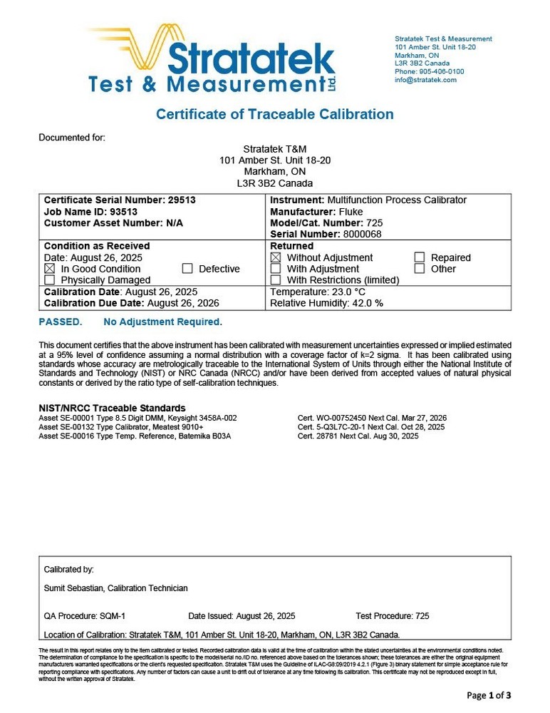 Fluke 725 Multifunction Process Calibrator - NIST Calibrated with Data