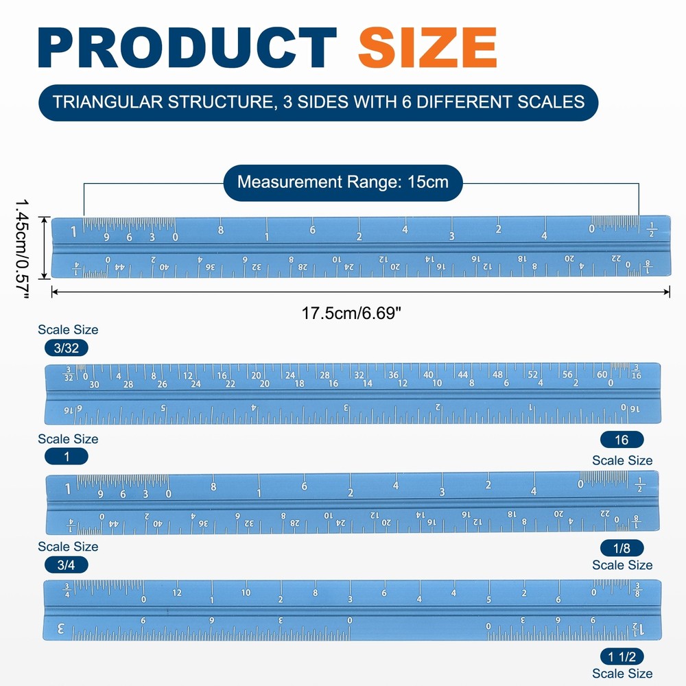 2 Pcs 7 Inch Imperial Architectural Triangular Scale Ruler Small Scale, Blue