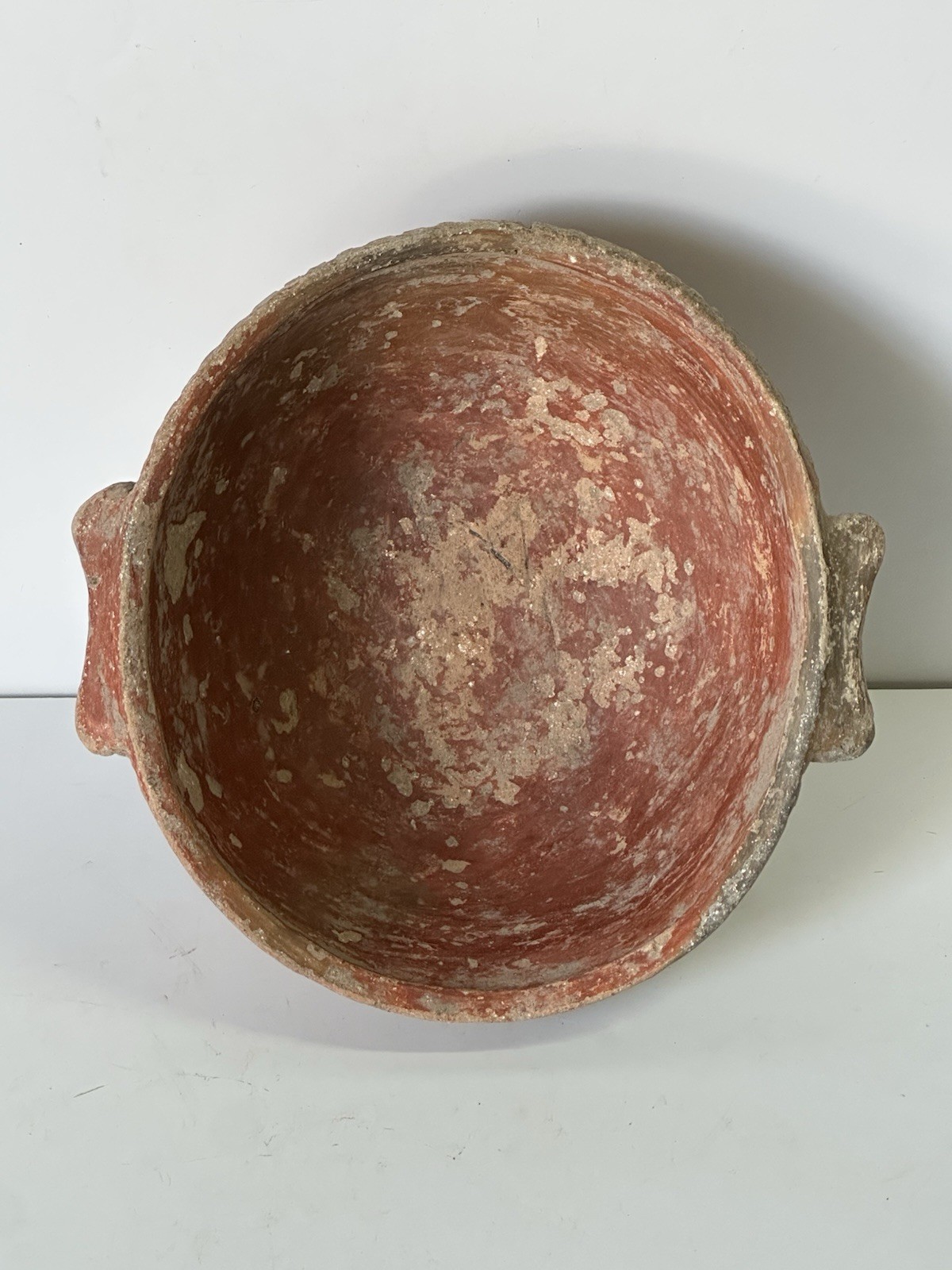 COLORFUL RED QUAPAW POTTERY HANDLED PIE CRUST BOWL ARKANSAS MISSISSIPPIAN JAR