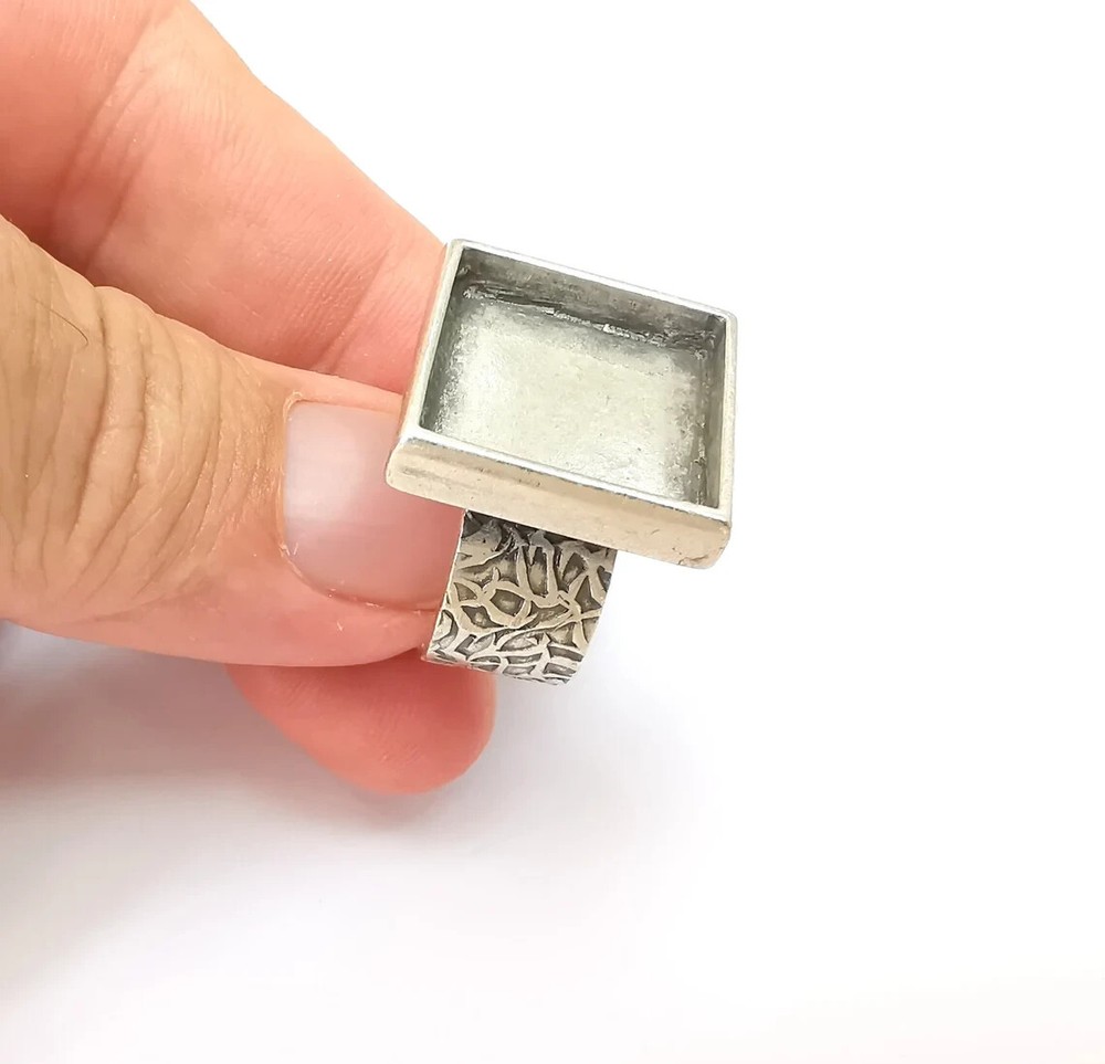 Square Antique Silver Ring Blank Settings, Cabochon Mounting Adjustable Resin