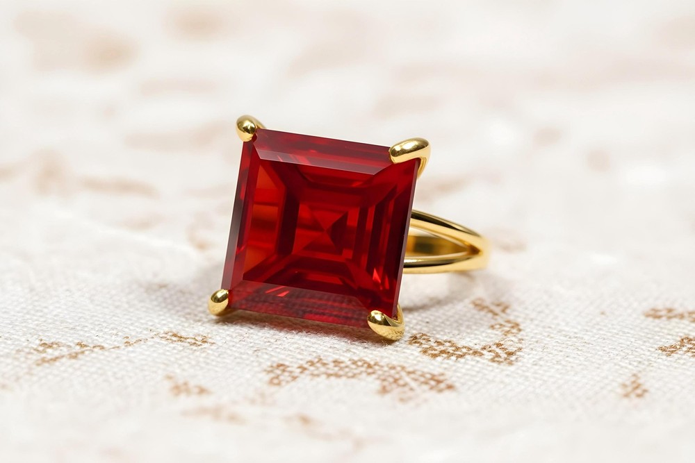 Sterling Silver Ruby Ring Anemone Handmade Square Cut July Birthstone