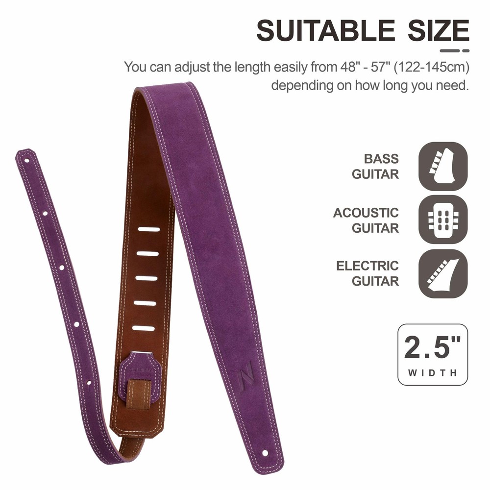 Bavarian Leather Guitar Strap with Foam Padding, Cable Loop, Lavender Purple