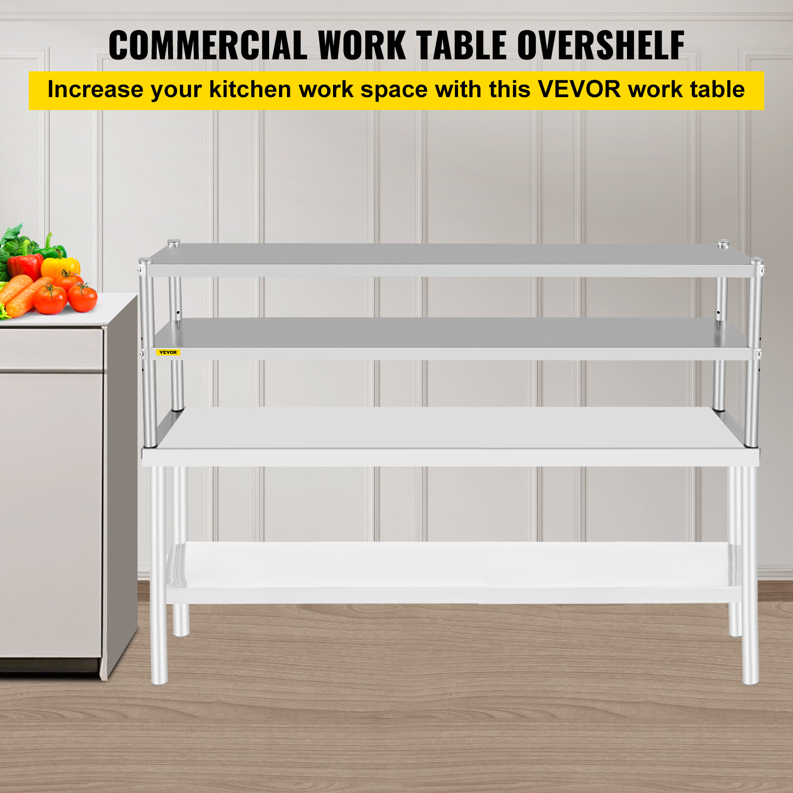 VEVOR Stainless Steel Commercial Wide Double Overshelf 72"X 12" for Prep Table