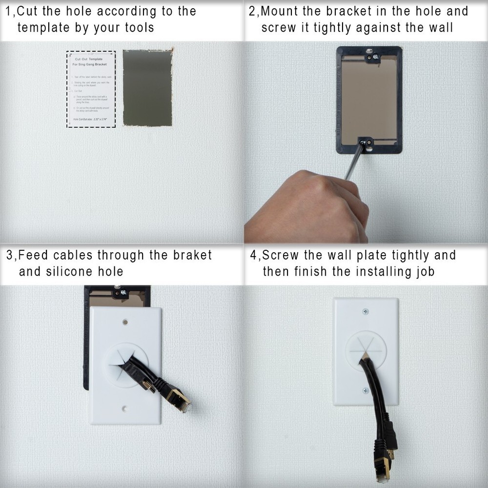 Cable Wall Plate with Low Voltage Mounting Bracket Round Silicone Pass 5 Pack