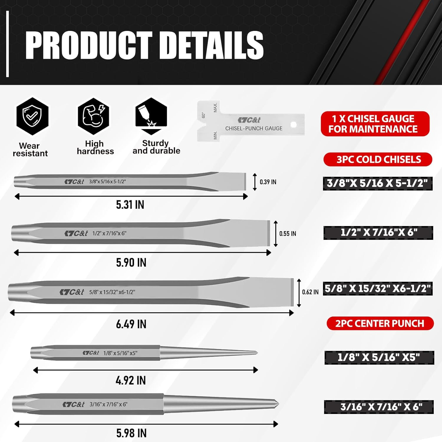 16-Piece Punch And Chisel Set With Storage Pouch Including Taper Cold