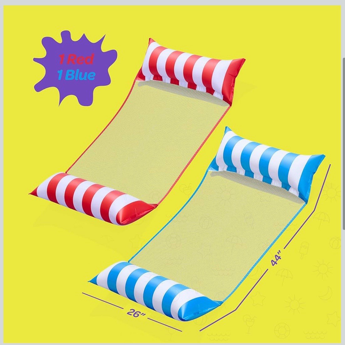 2 Pack Multi-Purpose Inflatable Hammock Pool Floats Adults Red Blue 44in X 26in