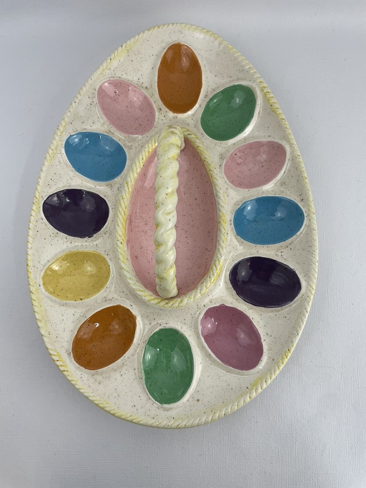 VTG Atlanic Mold Pastel Deviled Egg Platter Tray Dish w/Handle 14×10 Easter