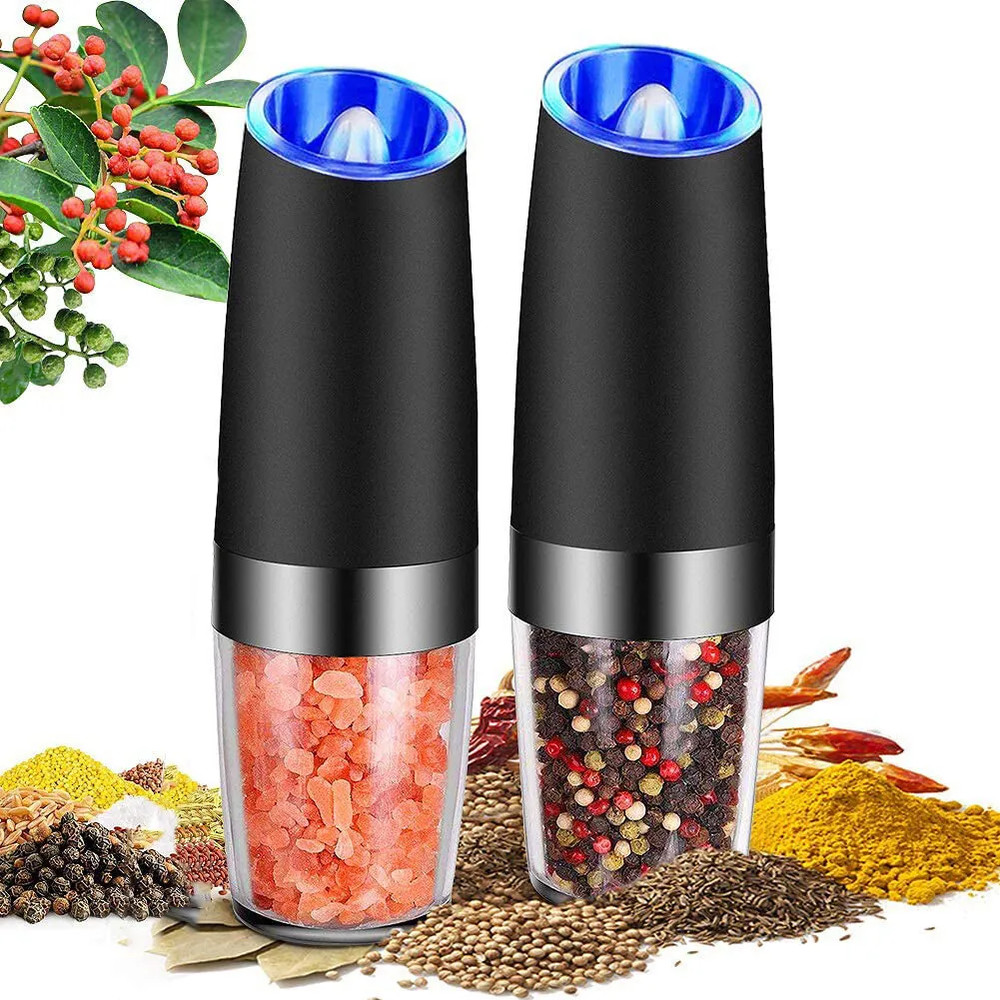 2 Pack Gravity Electric Salt and Pepper Grinder Mill Shaker Adjustable Automatic