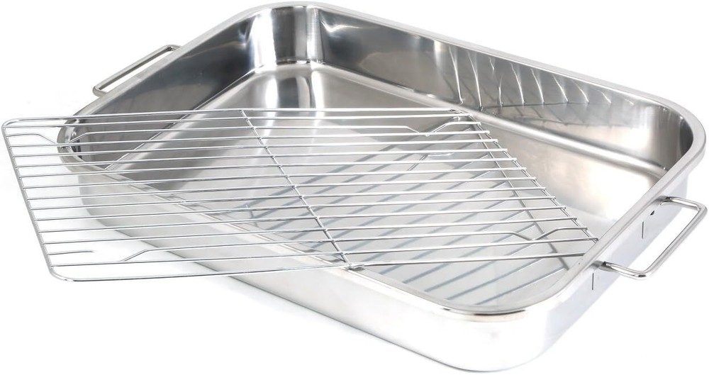 New Rectangular Baking Roasting Pan Rack Serving Dish, Polished Stainless Steel