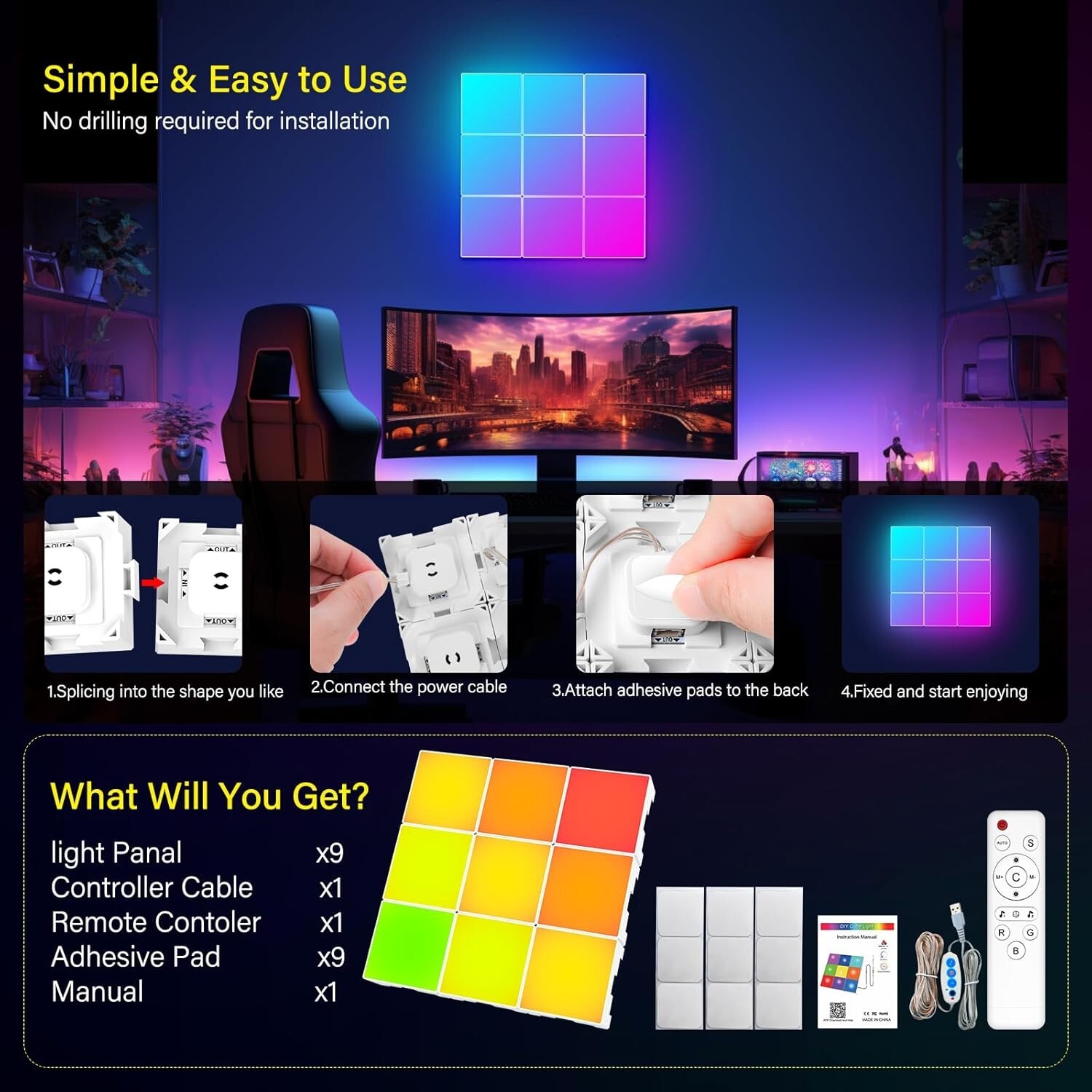 9 Pack Wall Light RGB Panel Smart APP Mini Square RGB Lights Smart LED White