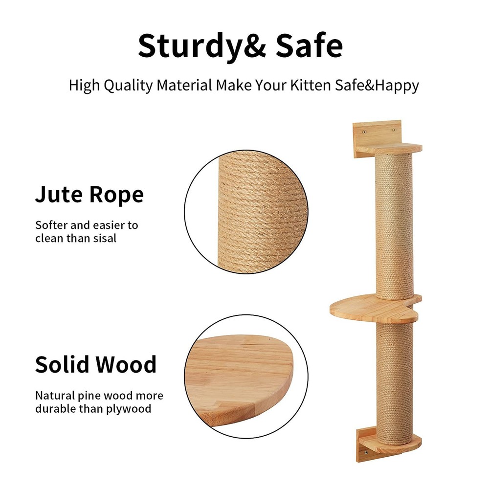 Cat Activity Tree with Scratching Posts, Wall Mounted Jute Scratcher Pine Ham...